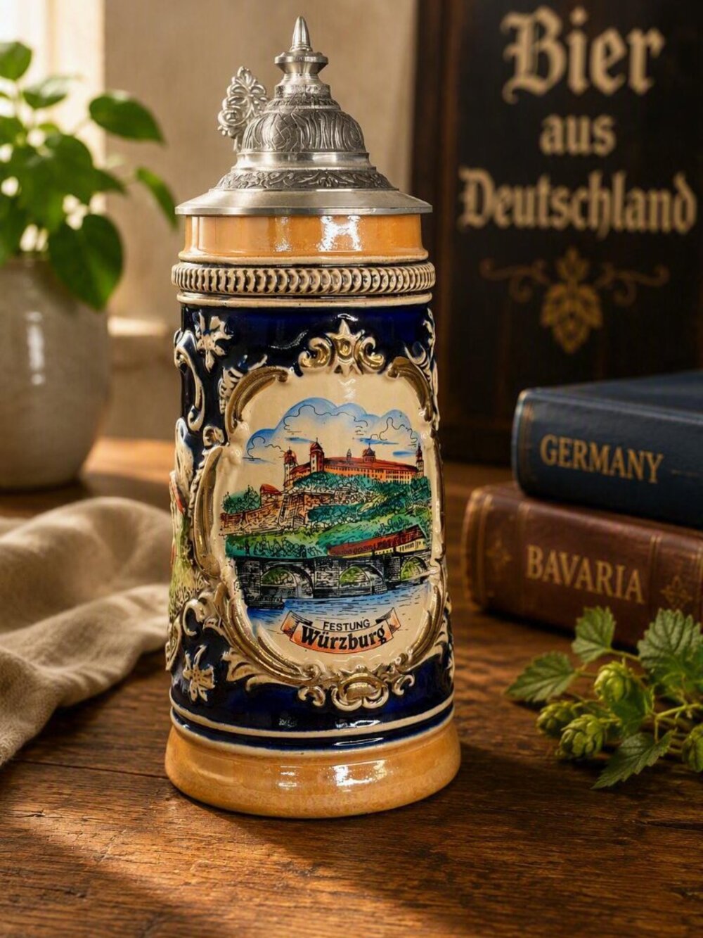 Vintage German Beer Stein - Würzburg Festung Lidded Cobalt Blue Mug